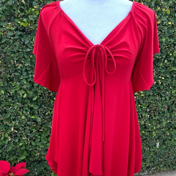 Red Drawstring V-Neck Blouse - Picture 2 of 5